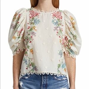 Farm Rio Floral Embroidered Puff Sleeve Top